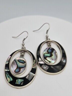Vintage Mederos Cuba Alpaca Silver Abalone Hoop Dangle Earrings 2"
